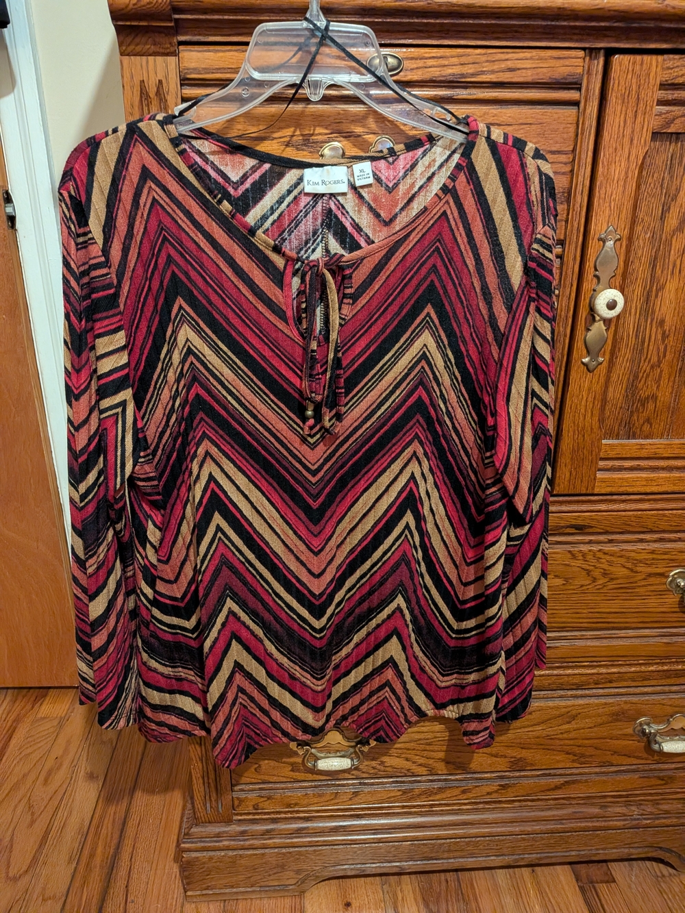 Kim Rogers Women's Striped Tie-Neck Long Sleeve Top - Red/Tan/Black